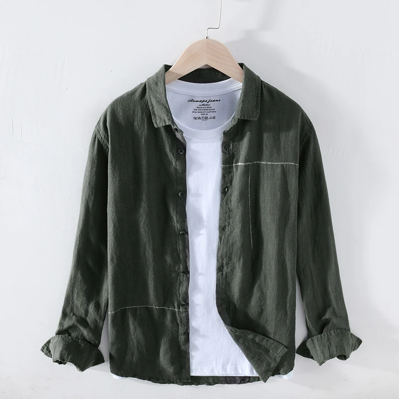 

2020 Spring Summer New Pure Linen Shirts Men Striped line Long Sleeve Breathable Shirt Y2659