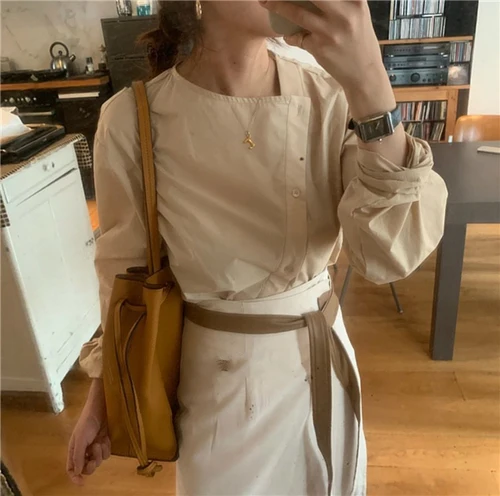 Асимметричные рубашки с рукавами-фонариками в Корейском стиле модные блузки