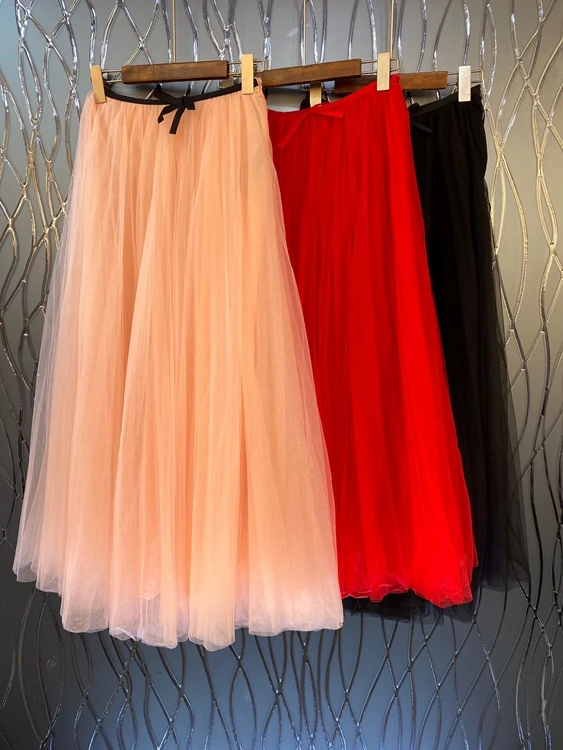 

2021 spring and summer new women's waist bow decorative mesh versatile mid length skirt 322