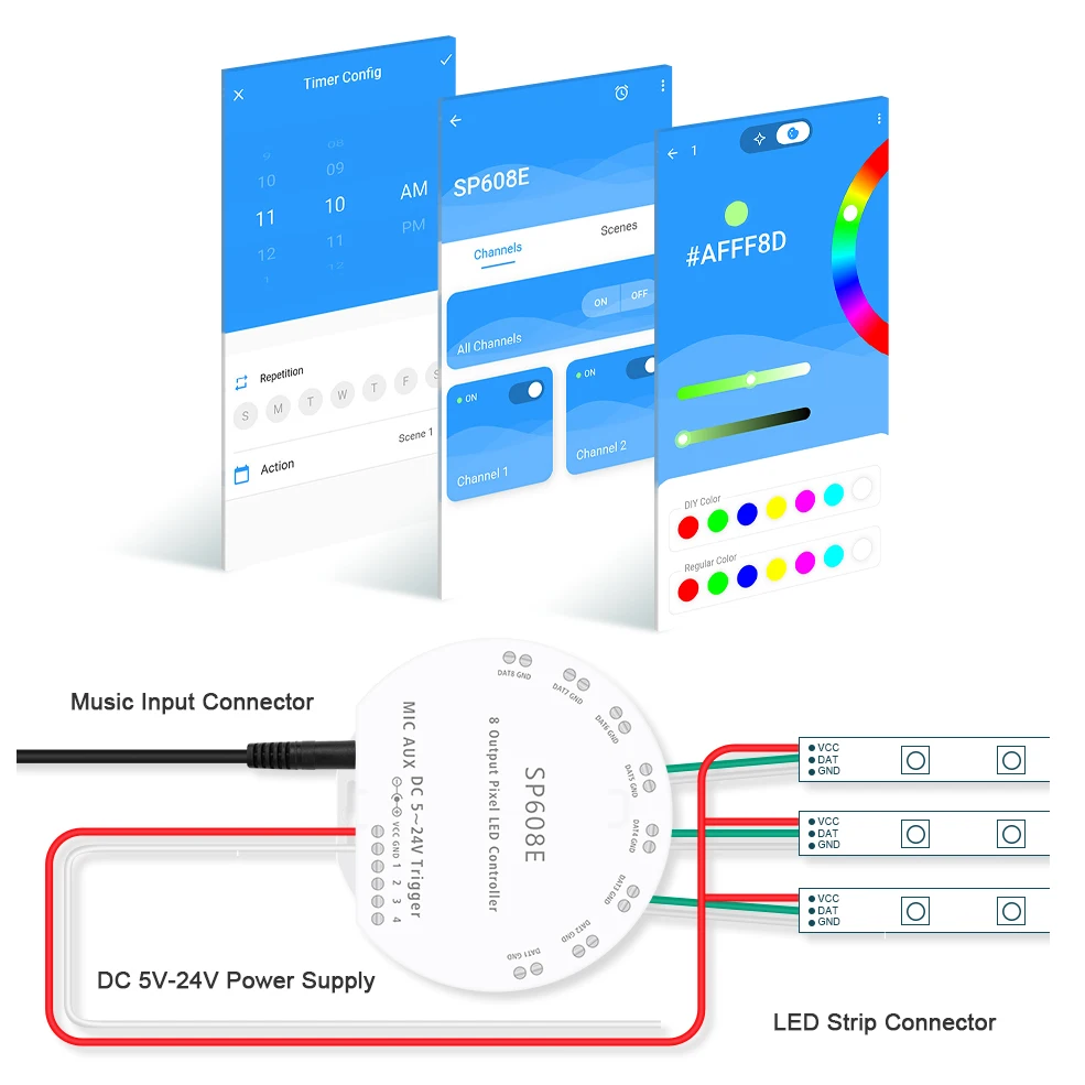 WS2812b Светодиодные ленты контроллер Bluetooth SP608E SP601E SP107E 1/2/8 Выход WS2811 SK6812 адресуемых
