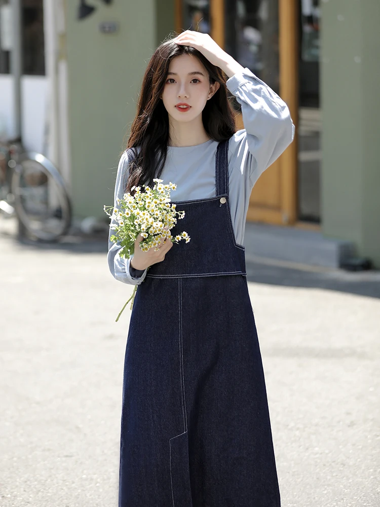 

New Style Female Blouse Age Reduction Strap Type H Medium Length Skirt Temperament Denim Sling Dress French Two-piece Suit