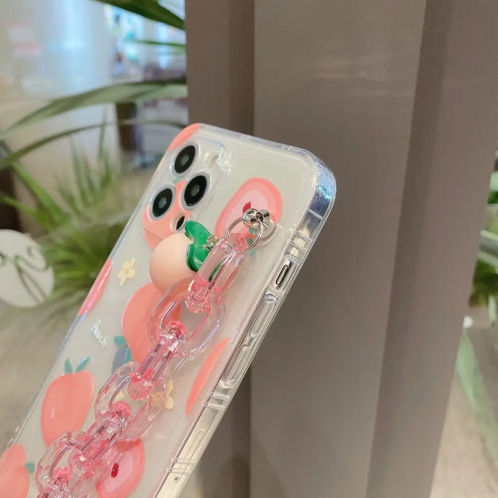 

Transparent Bracelet Chain Peach Phone Case For iphone 12 11 Pro XS Max X XR 7 8 Plus SE 2020 Camera Protection Soft Back Cover