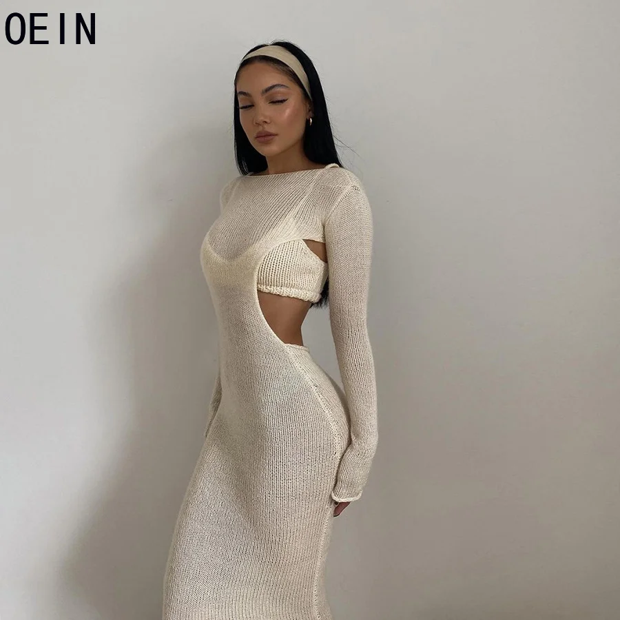 

2021 Fall Knit See Through Fashion Long Sleeve Maxi Dress with Women Elegant Backless Sexy Cut Out Shawl Dresses 2 Pieces Set