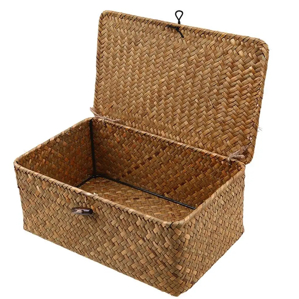 Seaweed Hand-Woven Storage Box Desktop Sundries Clothes Basket Finishing With Lid | Дом и сад