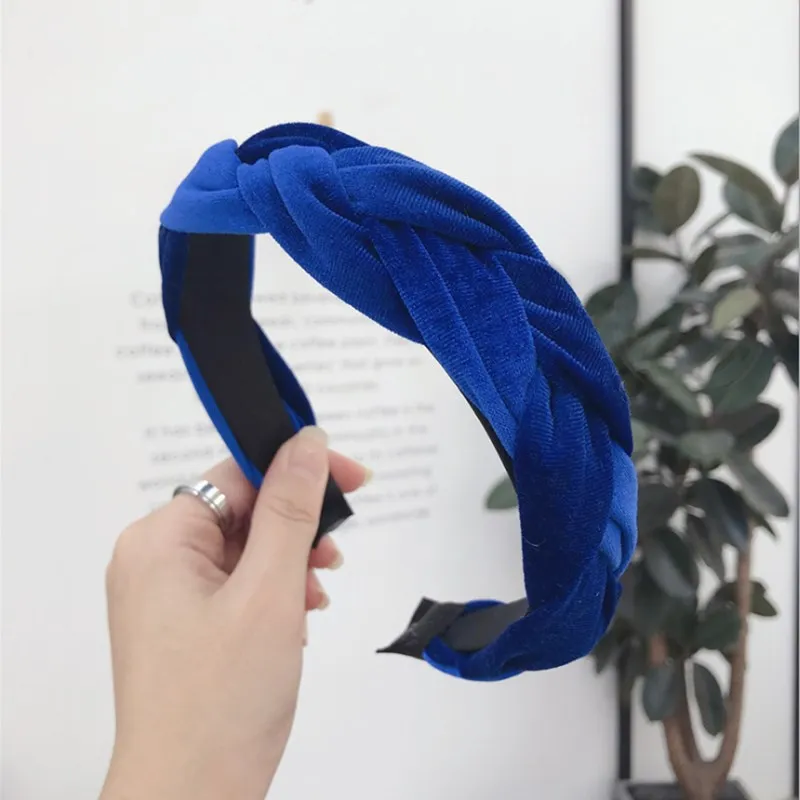 Fashion hair accessories women's gold velvet fabric twist braid wide-angle light headband headband wild girl hair band Headwear - Цвет: Королевский синий