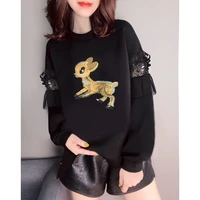 new spring and autumn womens hoodie fashion loose black short wild deer pullover outdoor leisure sports long sleeved top