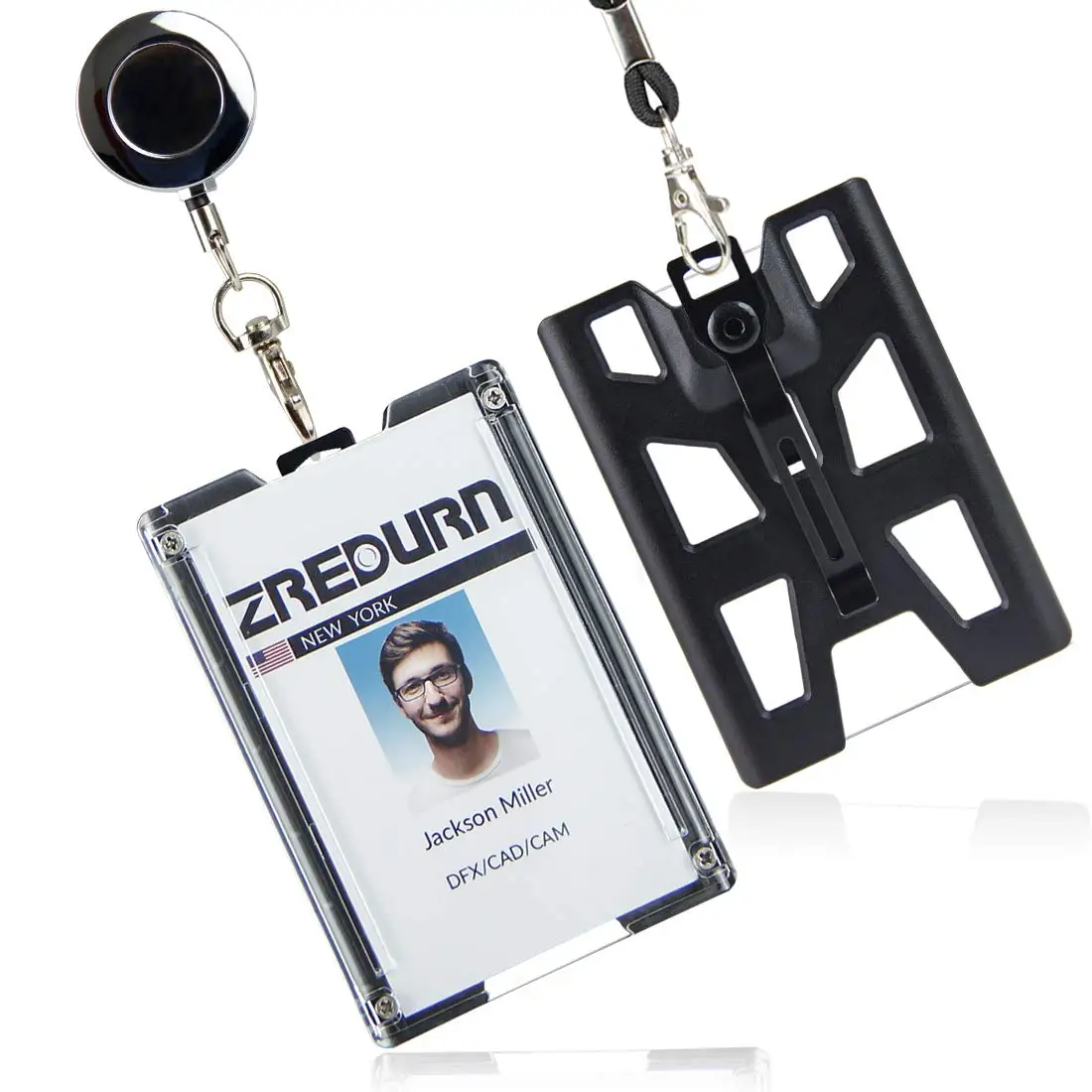 zayex 2PCS Badge Holder Vertical Top Load Four Cards Holder - Hard Plastic with Heavy Duty Lanyard and retractable key holder