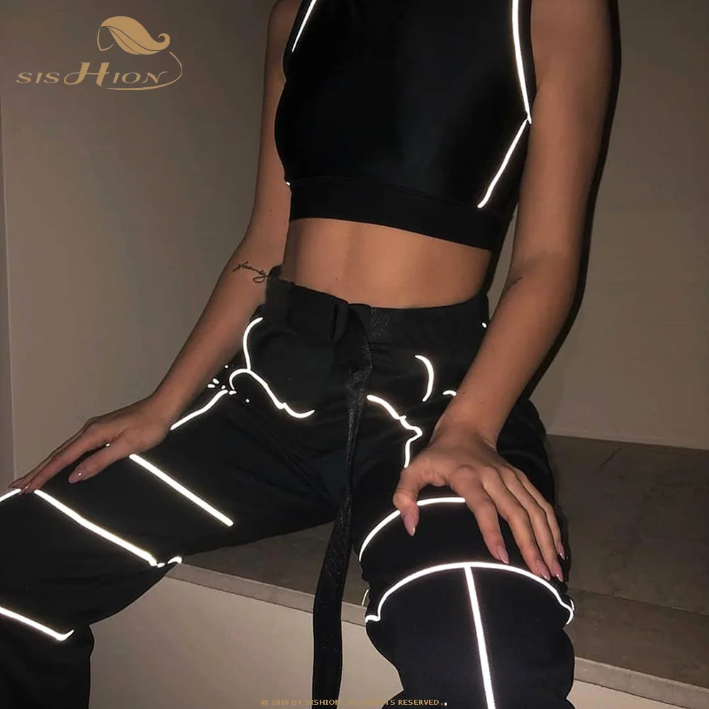 

SISHION Spring Reflective Cargo Pants Women Casual Overalls Pants 2020 Solid Wild Sweatpants Ladies Belt Decoration QY0792