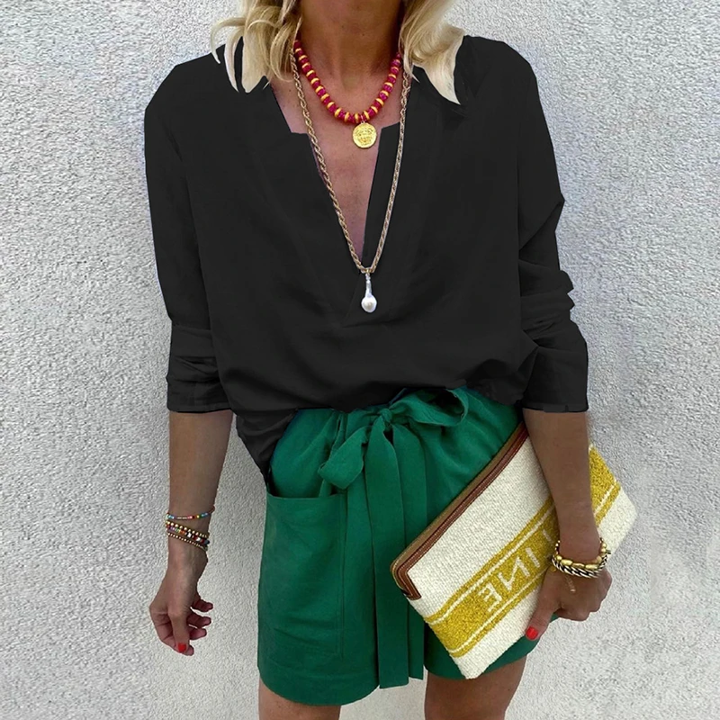 

Summer Women Casual Pullover Top Shirt Elegant Loose V-Neck Full Sleeve Blouse Hot-Sale Fashion Solid Office Ladies Shirt Blousa