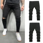 Мужские зауженные рваные джинсы, Однотонные эластичные брюки на молнии с карманом для взрослых, новая мода 2021