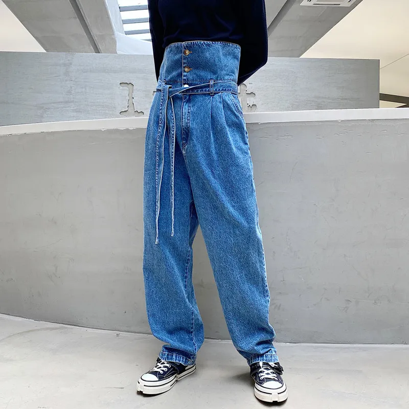 

Design Sense Strappy High-waist Jeans Men And Women Loose Denim Wide-leg Pants Lace-up Waist Bag Trousers Daddy Pants Trend
