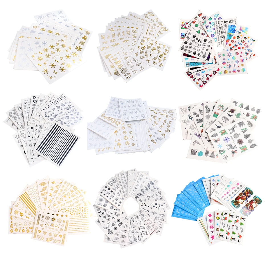 Золотые и серебряные наклейки для ногтей на Хэллоуин Набор цветных снежинок