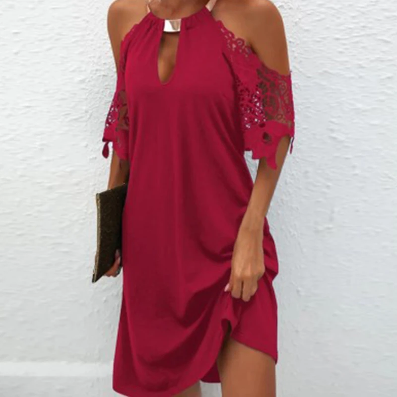 

Summer Off Shoulder Dress Ladies Elegant Hollow Out Embroidery Loose Dresses Sexy Halter Sleeveless Female Casual Dress