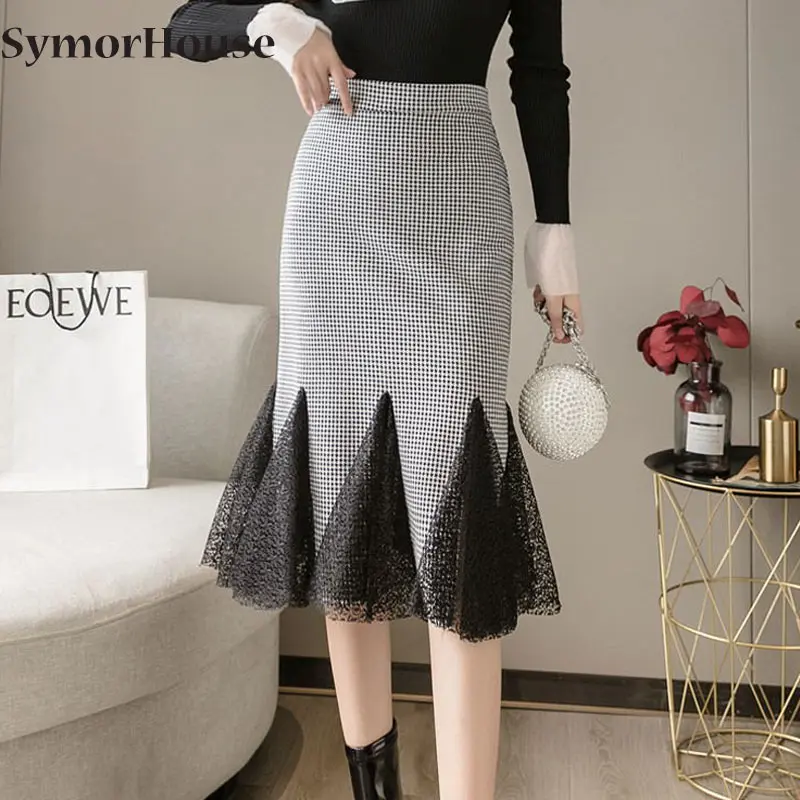 

Faldas Mujer Moda 2021 Women High Waist Lace Patchwork Skirts Korean Streetwear Jupe Femme Plaid Midi Ruffles Mermaid Skirt