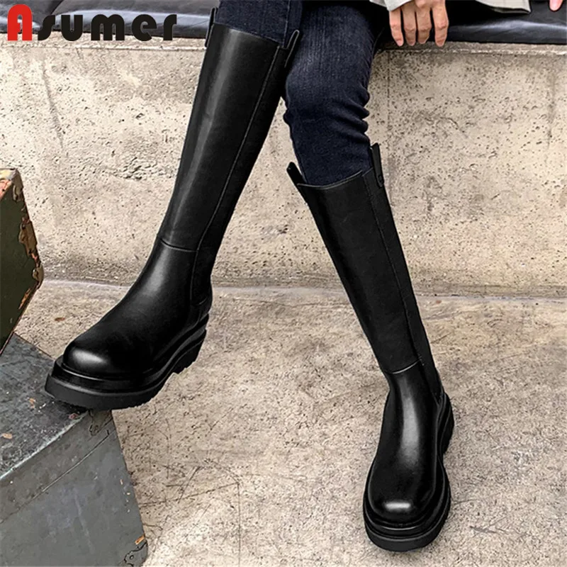 

ASUMER/Новинка 2021 года; Сапоги до колена из натуральной кожи и Pu искусственной кожи; Женские сапоги «Челси» на толстой подошве; Популярная одно...