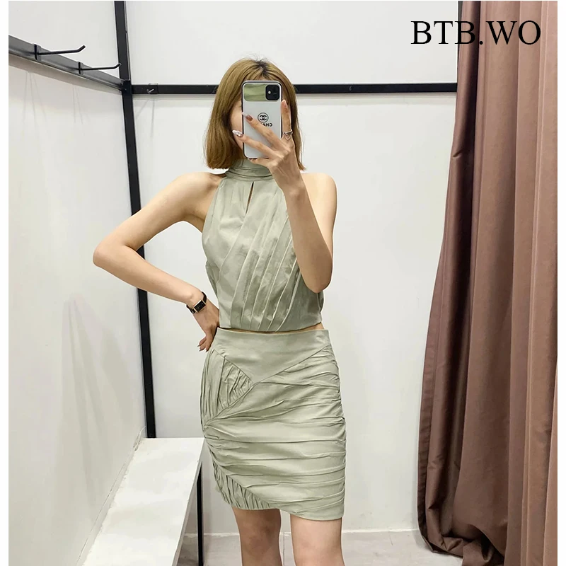 

BTB.WO Za Summer 2 Piece Set Women 2021 Fashion Pleated Smock Blouse + Skirt Sets High Waisted Ruched Mini Skirts Suit