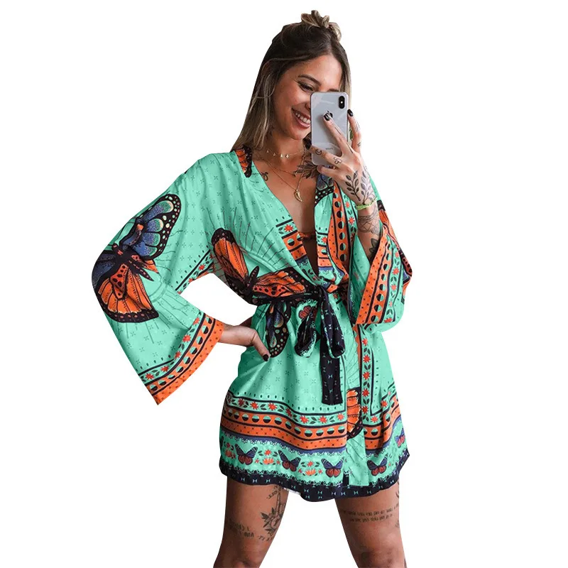 

2021 Spring Butterfly Printed A-line Party Dress Women Sexy Deep V-neck Long Sleeve Mini Dress Casual Loose Summer Beach Dresses