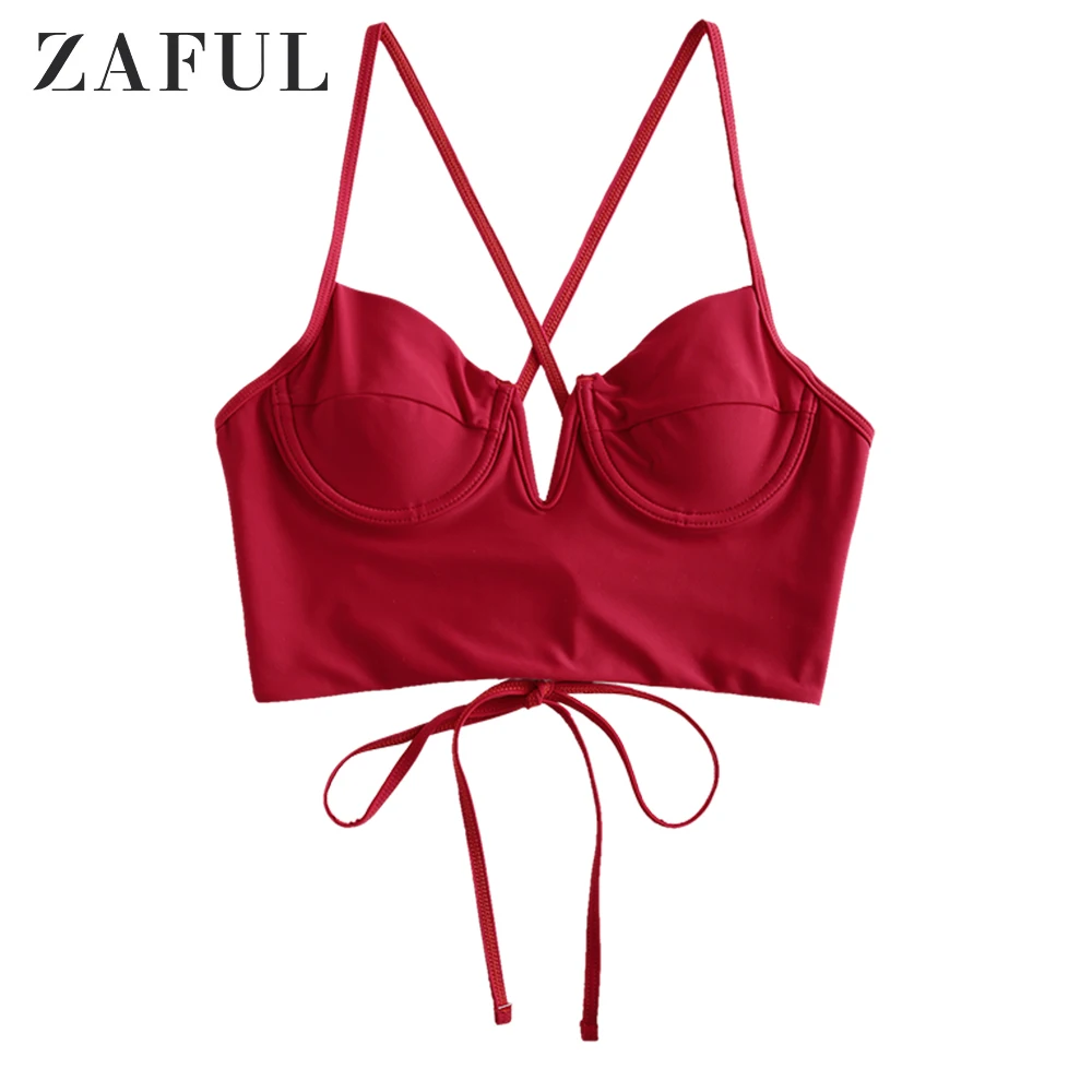 

ZAFUL Women V-Notch Underwire Crisscross Bikini Top Spaghetti Straps Bathing Suit Top Solid Removable Padded Push Up Swim Top