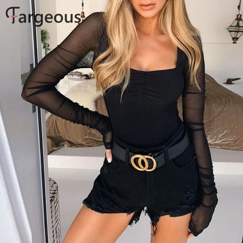 Женское Сетчатое боди с длинным рукавом черное эластичное осеннее квадратным