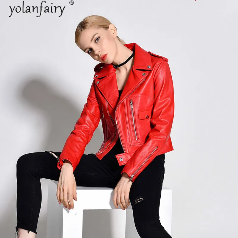 Natural Sheepskin Coat 100% Genuine Leather Jacket Women Red Motorcycle Biker Jackets for Women Korean Veste Cuir Femme KJ6679