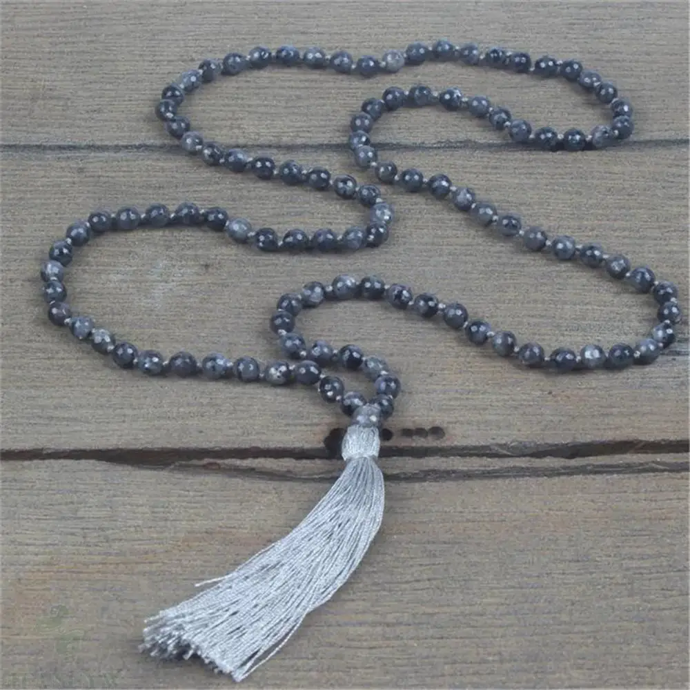 

6mm Faceted Black Sparkle 108 Bead Tassel Knotted Necklace Classic Buddhism Elegant Meditation
