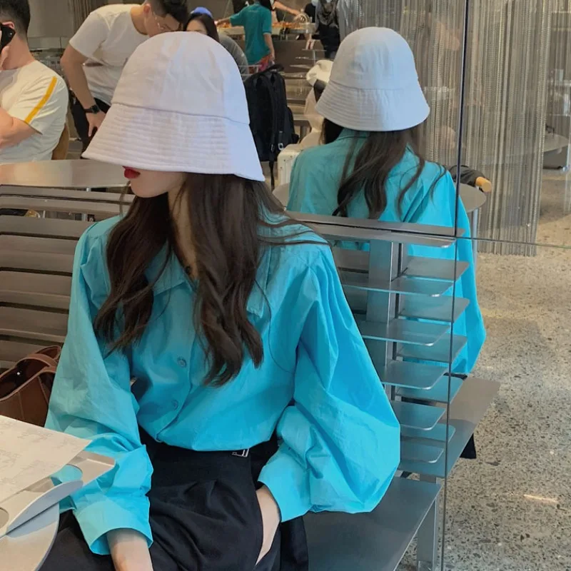 

Retro Fashion Blue Shirt Women's 2021 Spring Autumn Loose Korean Puffs Long Sleeve Lapel Single Breasted Crop Tops Streetwear