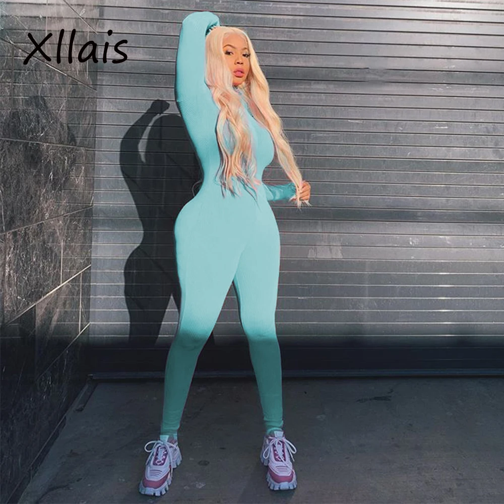 

XLLAIS Sky Blue Ribbed Material Jumpsuits Women Sexy Long Sleeve Zippers Tight Bodycon Overalls Dropshipping Cute Rompers