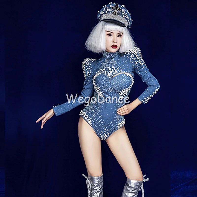 Женское джинсовое боди с длинным рукавом жемчугом|Комбинезоны c шортами| |