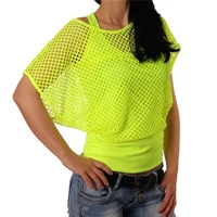 fashionsexy hollow out mesh cover tanks and tank tops womens short sleeve casual neon green 2 piece suit m0531