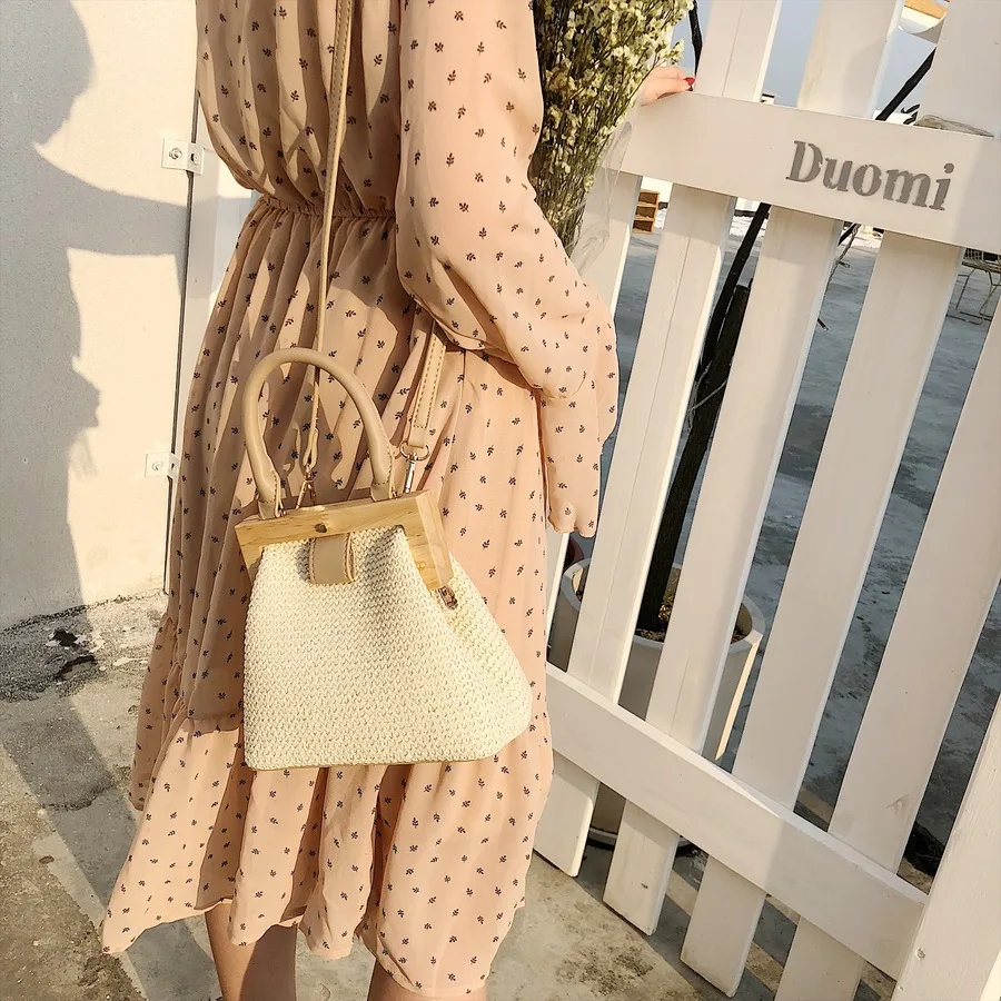 Винтажные плетеные соломенные женские сумки через плечо с деревянной ручкой