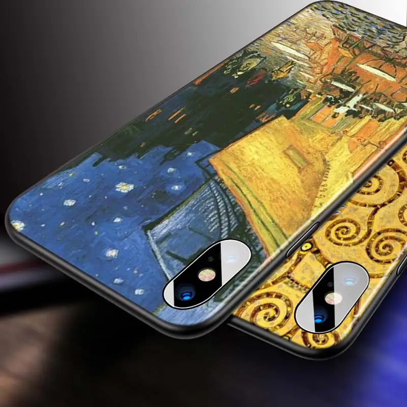 

For iPhone 12 11 Pro Max mini Bright Black Case Starry Night Klimt Kiss for iPhone Max XR X 8 7 6 Plus 5S SE Phone Case
