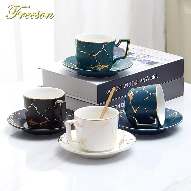 

200ml Nordic Marble Ceramic Coffee Cup Saucer Spoon Set Tea Cup Matt Porcelain Tea Set Advanced Teacup Cafe Taza Espresso Cup