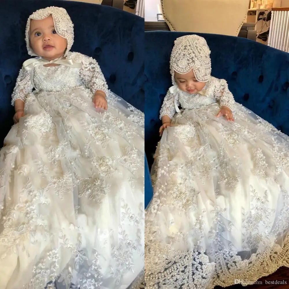 

Long Sleeve Christening Gowns For Baby Girls Lace Appliqued Pearls Baptism Dresses With Bonnet First Communion Dress