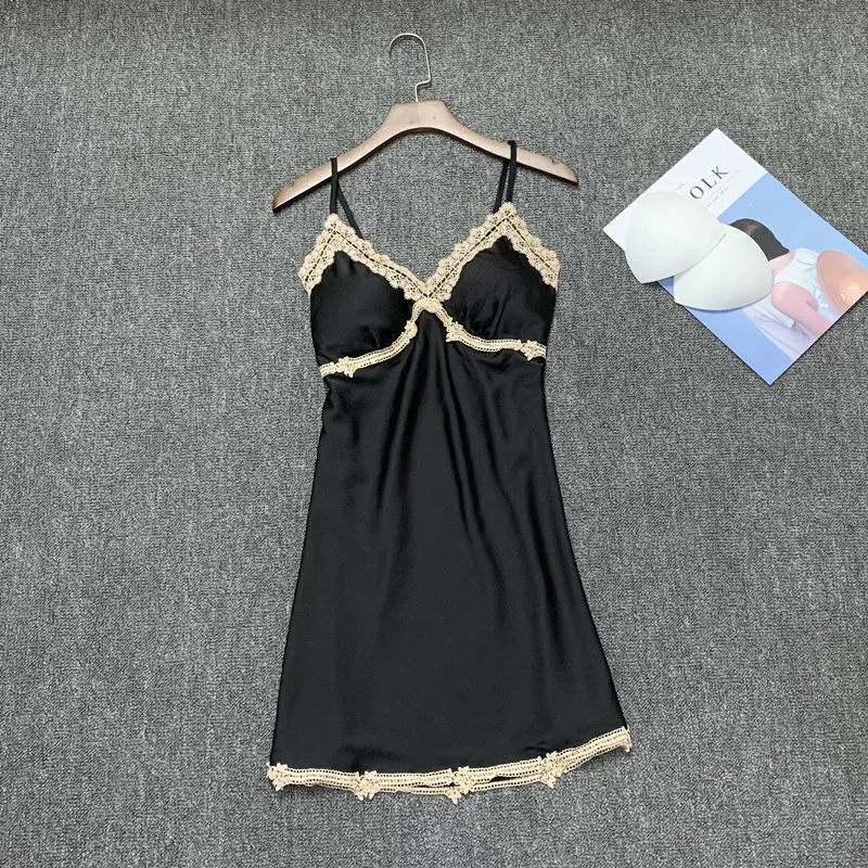 

Spring And Summer New Sexy Pajamas Silk Lace Dew Small Chest Belt Chest Pad Sling Silk Nightdress Female Temptation