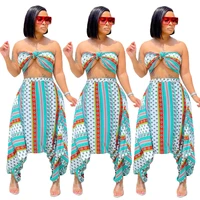 donsignet fashion womens suit new summer casual printing tiffany blue wrapped chest big crotch pants two piece suit