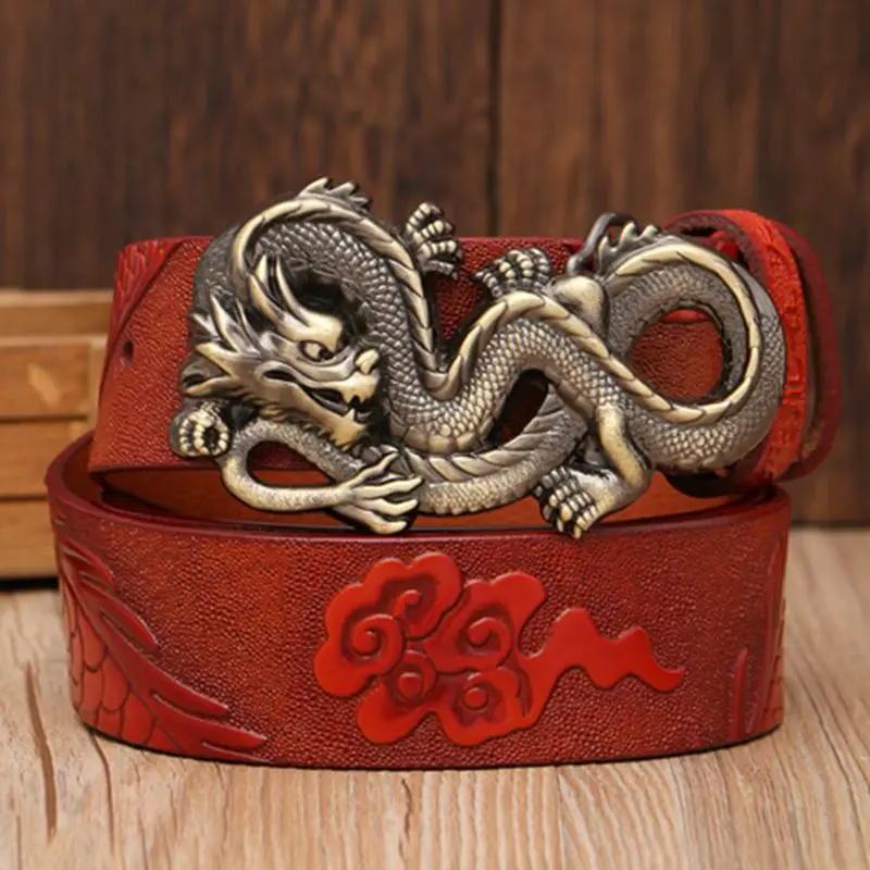 New men leather belt retro personality long dragon plate buckle belt trend business craft belt manufacturers direct sales