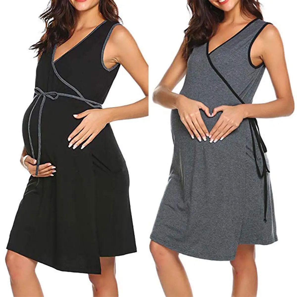 

Платье для беременных с V-образным вырезом, летнее платье без рукавов для кормящих матерей, бандажные повседневные платья с карманами, Одежд...