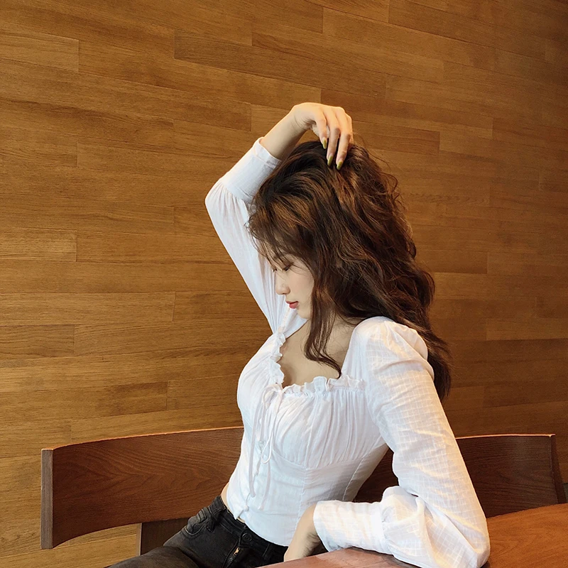 

Women Crop Top Long Sleeve Square Collar Solid T Shirt Sexy Slim Lace up