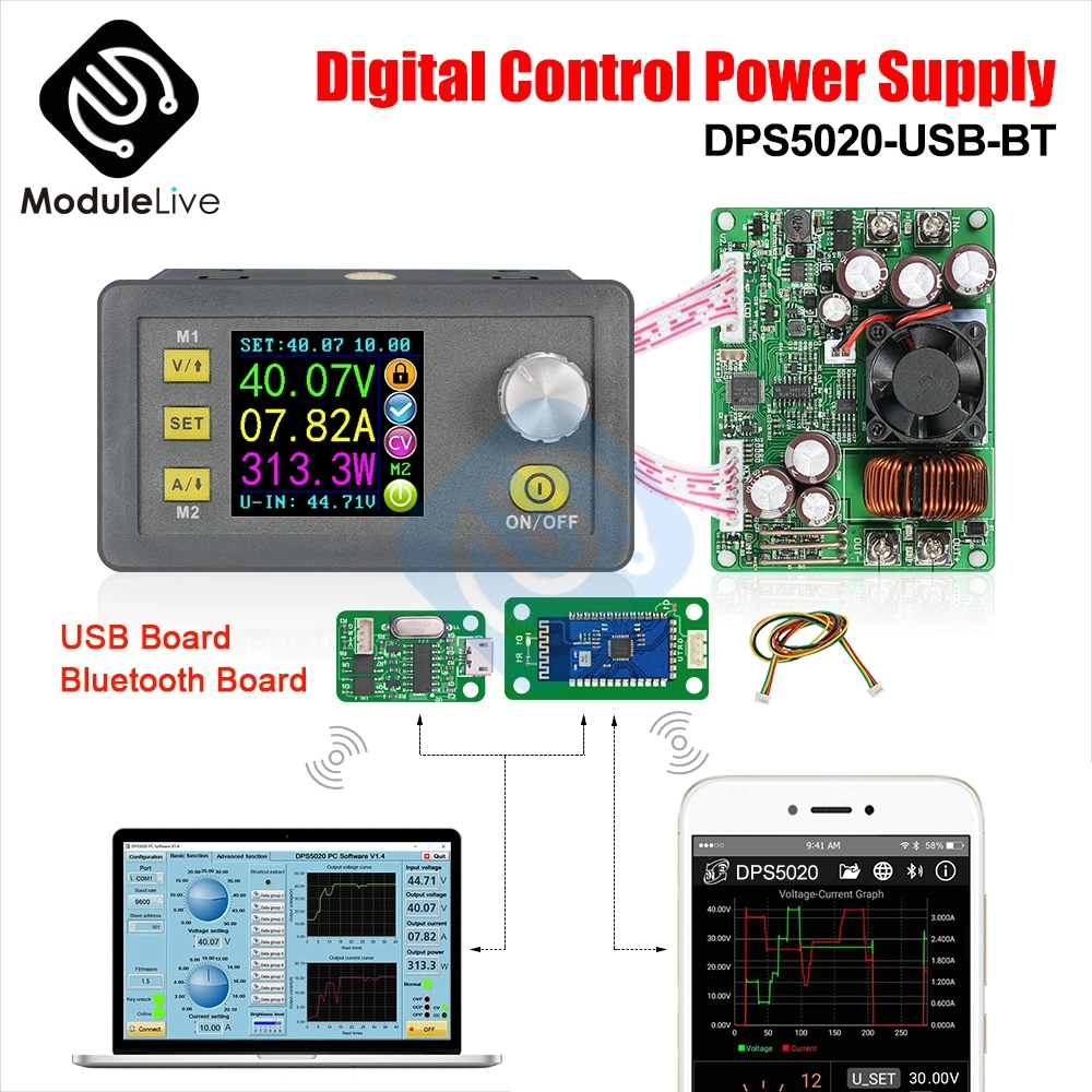 

DPS5020 50V 20A Color Display Constant Voltage/Current High Power Adjustable Step Down Numerical Control Power Supply Module