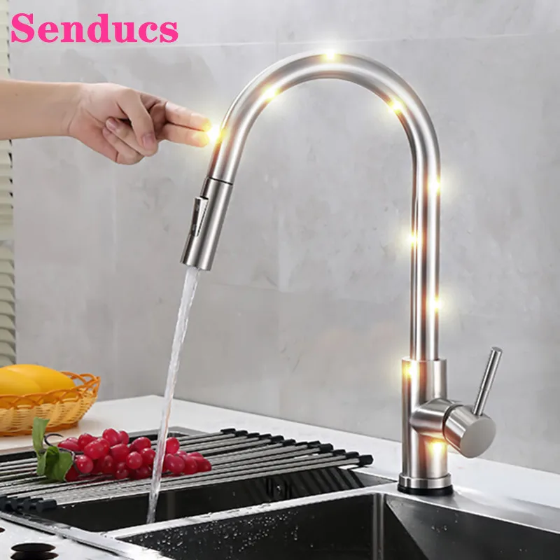 Brushed Touch Kitchen Faucets Senducs Stainless Steel Pull Out Kitchen Mixer Taps Hot Cold Brushed Touch Sensor Kitchen Faucet