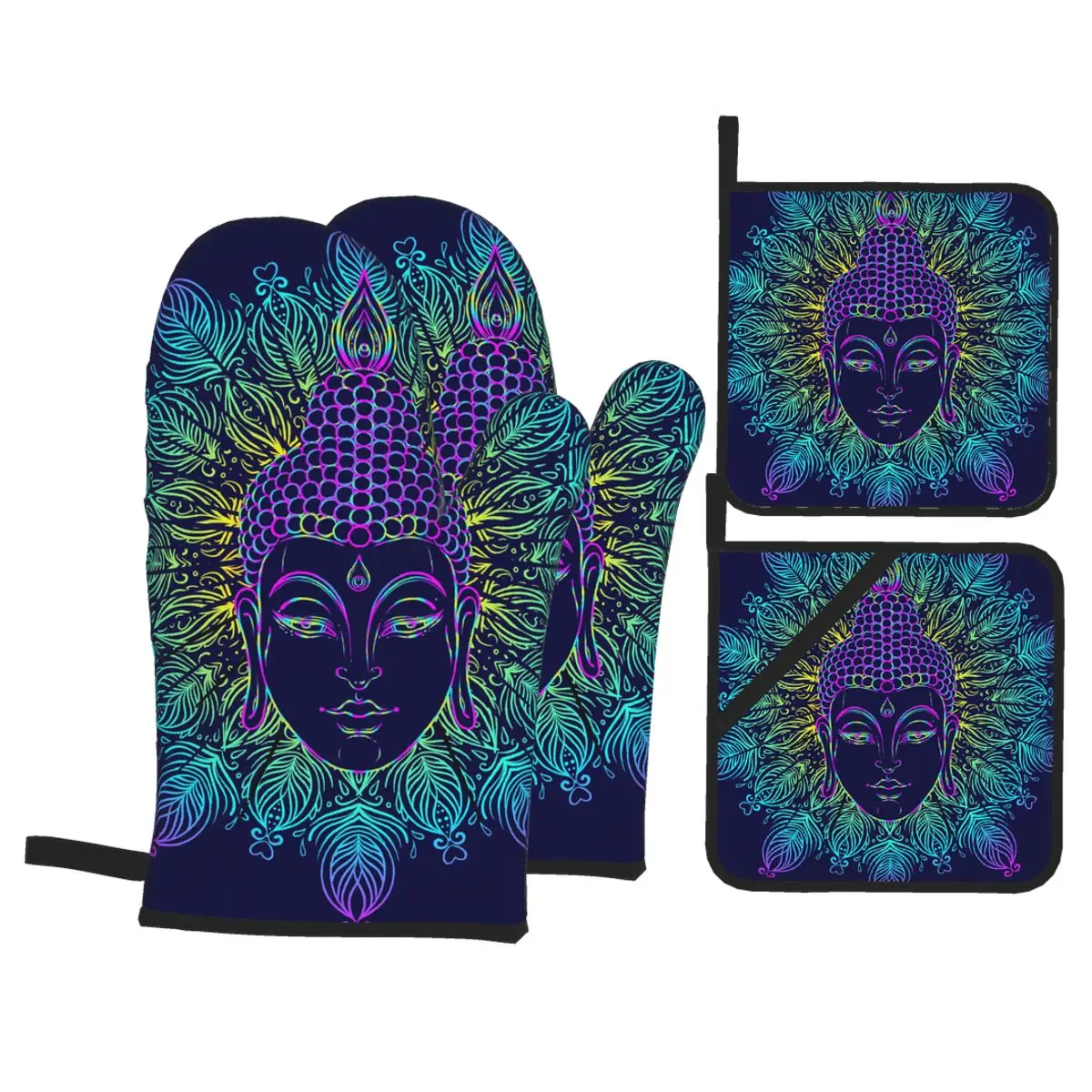 

4 Set of Kitchen Gloves Insulation Buddha Face Mandala Print Pad Cooking Microwave Gloves Baking BBQ Oven Potholders Mitts