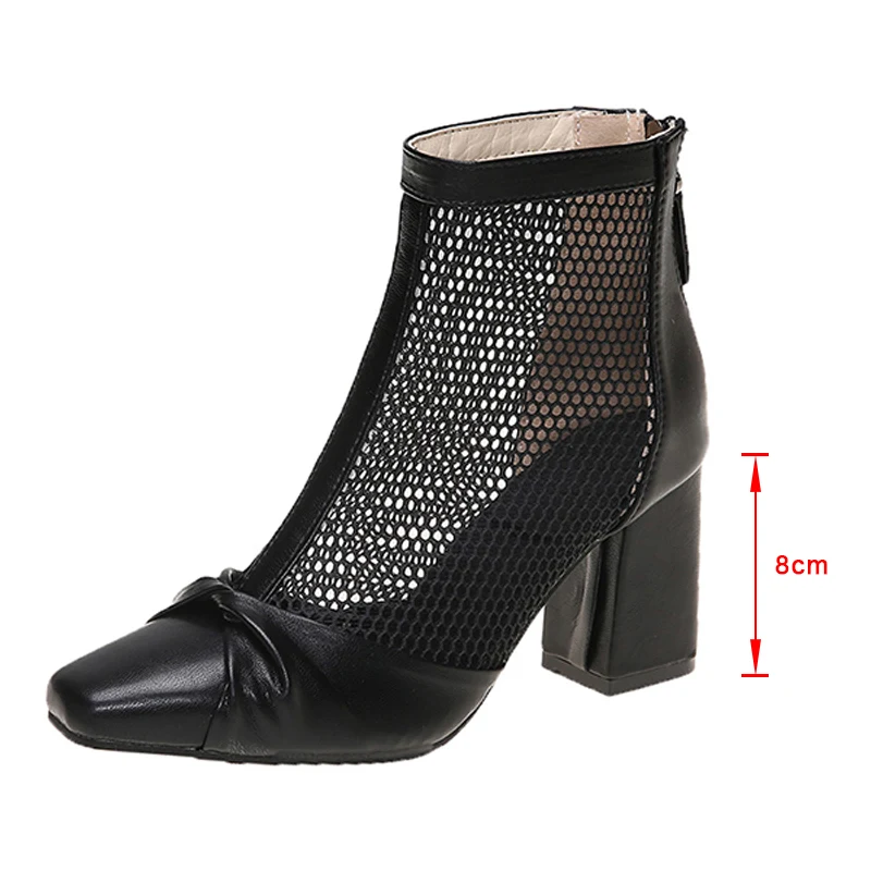 

Women Ankle Boots Mesh Zipper Ladies Short Boots Butterfly Knot Pointed Toe Chunky Heels Leisure British Style Shoes Breathable