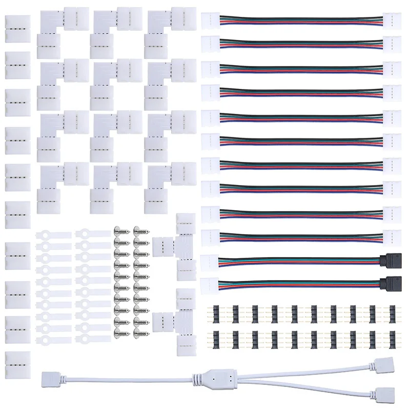 

LED/RGB Strip Connector Kit 5050 10mm 4Pin 8 Types Solderless Accessories Set Durable T-Shape L-Shape Stripe Lighting Connectors