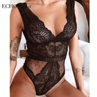Сексуальное Кружевное боди Echonight для женщин, с глубоким V-образным вырезом и цветочной вышивкой, облегающий спортивный костюм, комбинезон, прозрачное Женское боди