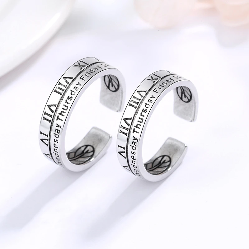 

KOFSAC New Vintage Thai Silver Roman Numeral Week Couple Ring Jewelry 925 Sterling Silver Rings For Men Women Party Accessories