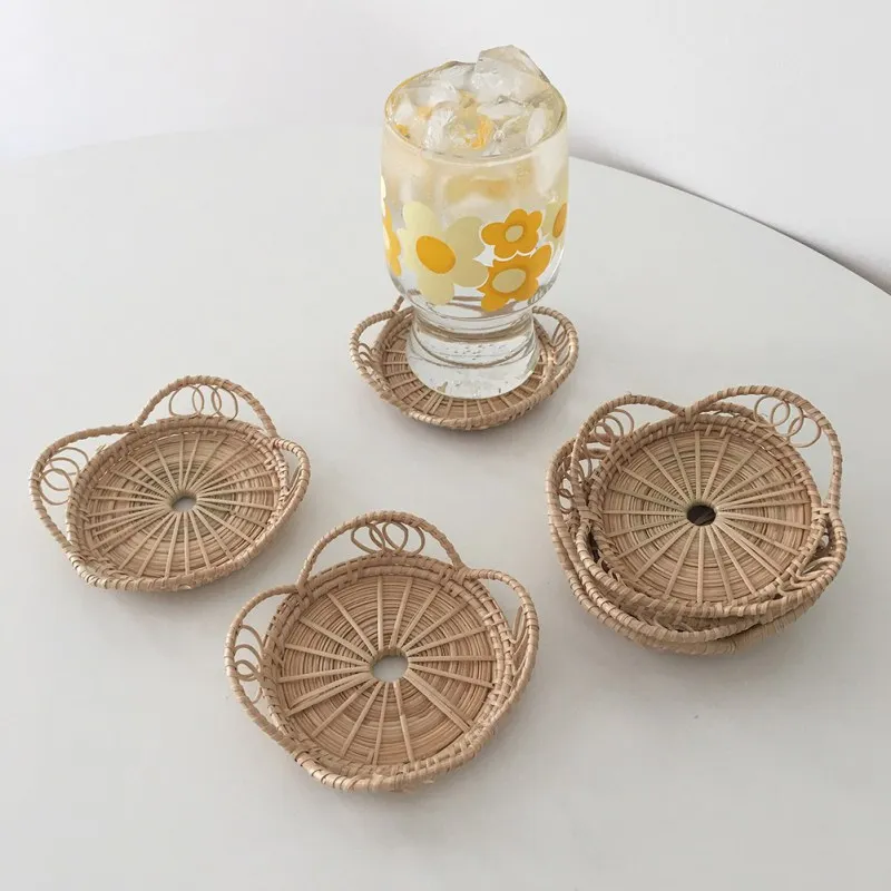 

Rattan Hand-Woven Coaster Teapot Placemat Japanese Mat Coffee Dessert Tea Dining Table Insulation Pad Kitchen Accessories