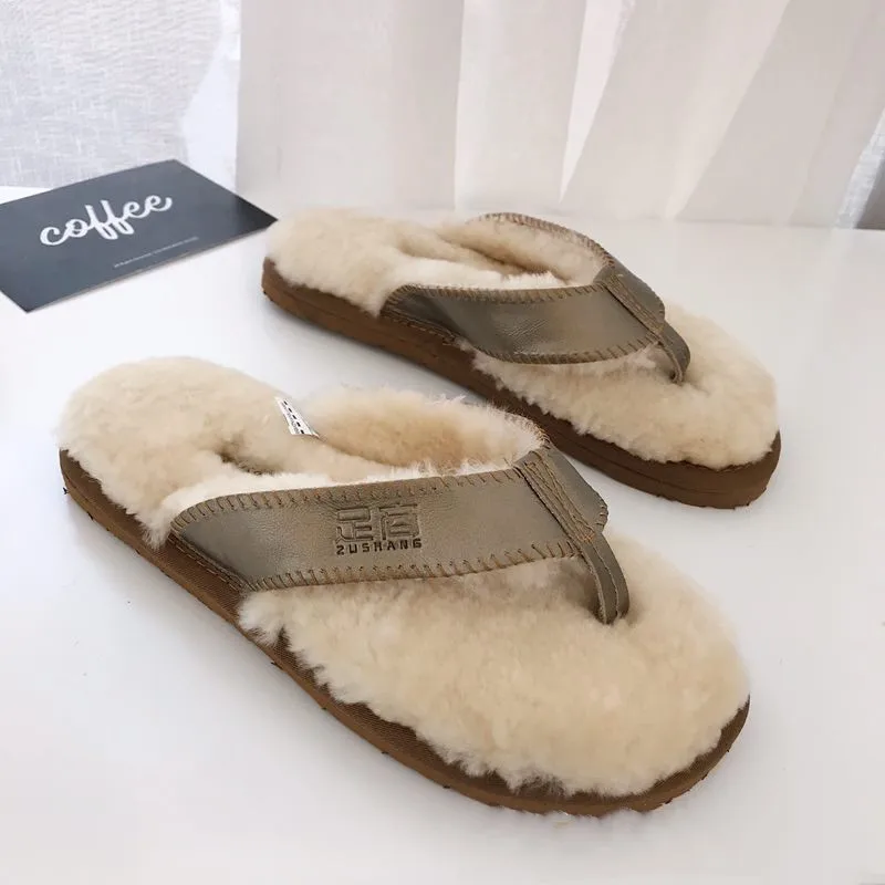 

Sheepskin Hair Natural Fur Sandals Women Men Winter Plush Slippers Fur Warm Shoes Street Fashion Ladies Flat Platform Sandals