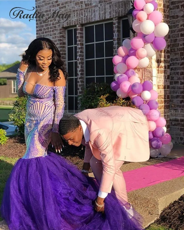 Фиолетовые платья для выпускного вечера в африканском стиле с блестящими