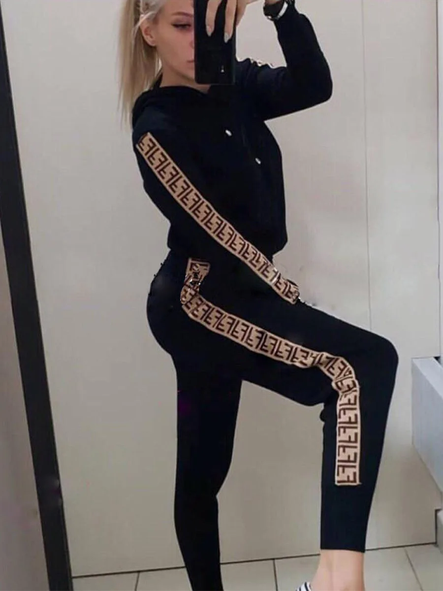 Donsignet Women's Suit Fashion Spring and Autumn Hooded Collar Pullover Long Sleeve Solid Color Letter Printing Two piece Suit| |