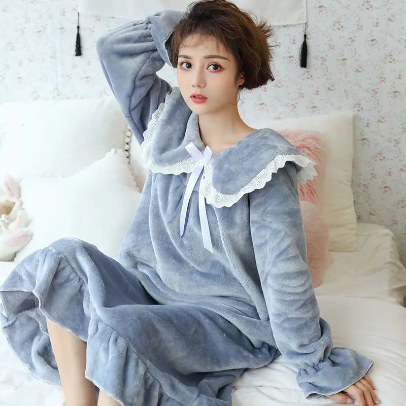 

Pajamas Female Autumn and Winter Thickened Coral Fleece Pajamas Long-sleeved Cute Princess Wind Large Size Home Clothes Robe Set